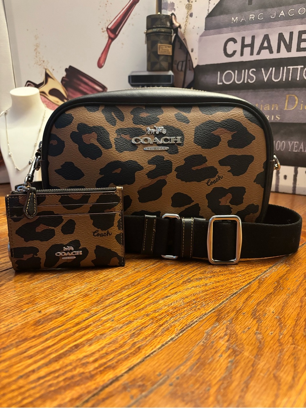 Coach Jamie CC759 Leopard Print Camera Crossbody Bag + Zip Card Case